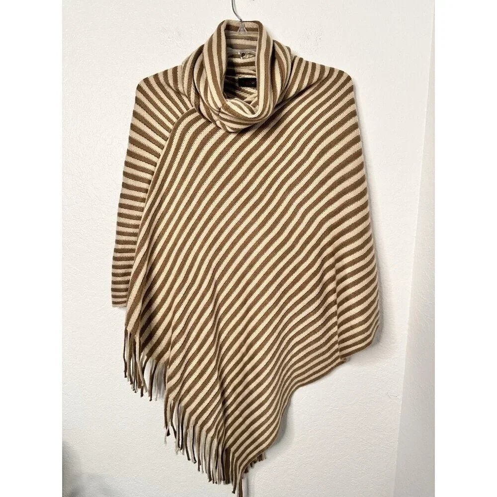Top It Off Poncho Topper One Size Brown Cream Stripe‎ Lightweight Fringe Poncho